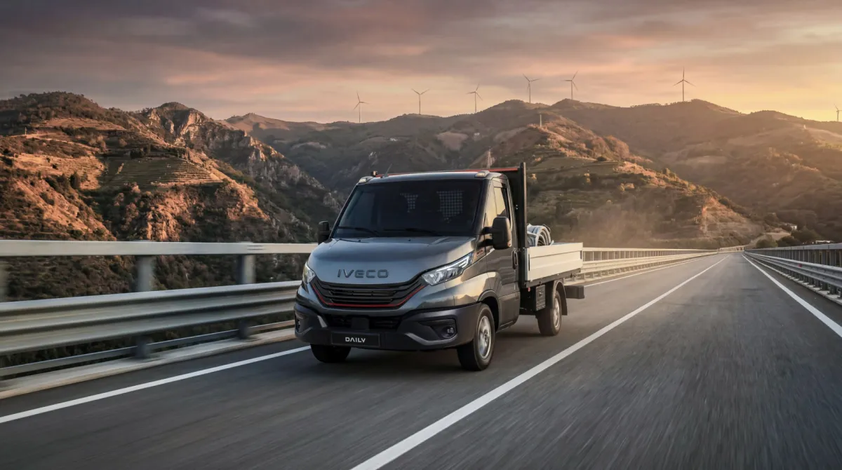 IVECO Daily chassis-cabine met open laadbak op een bergweg