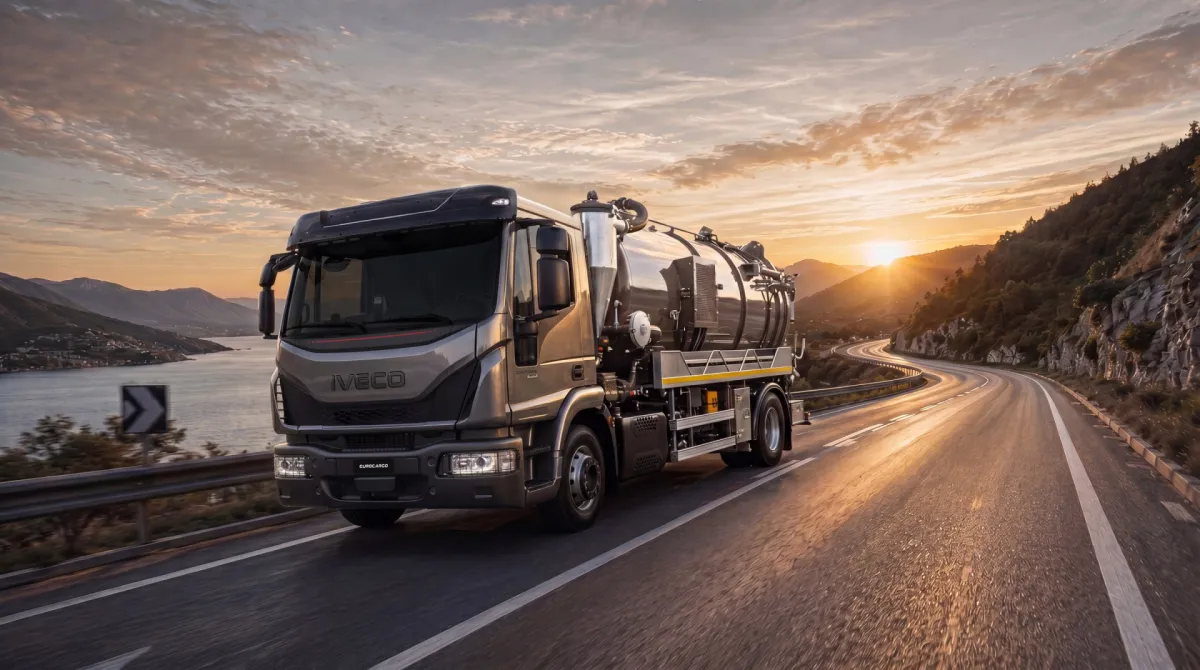 IVECO Eurocargo bij zonsondergang op een bergweg