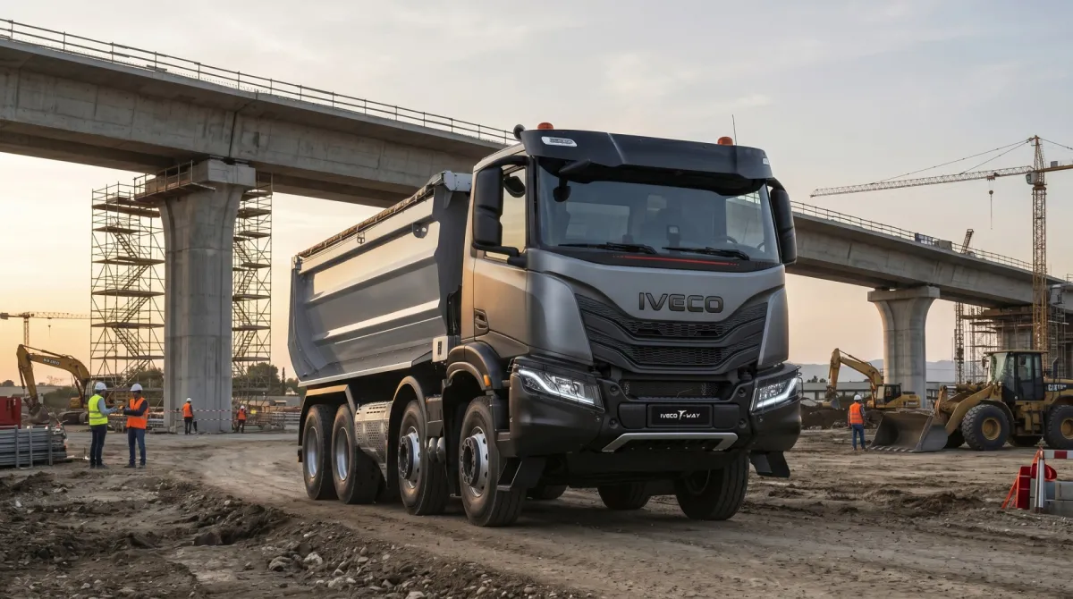 IVECO T-Way kipper, schuin vooraanzicht op de bouw