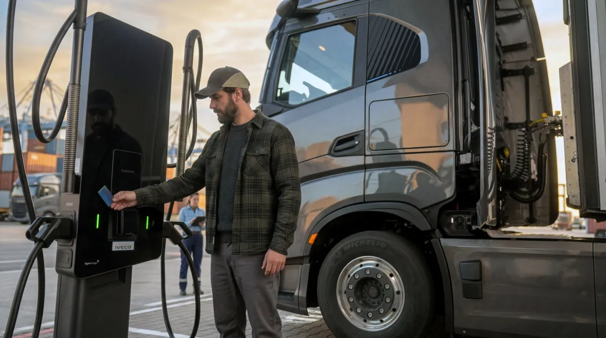Chauffeur laadt de IVECO S-eWay op aan een snellader