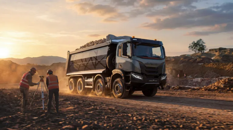 IVECO T-Way kipper bij een viaduct in aanbouw