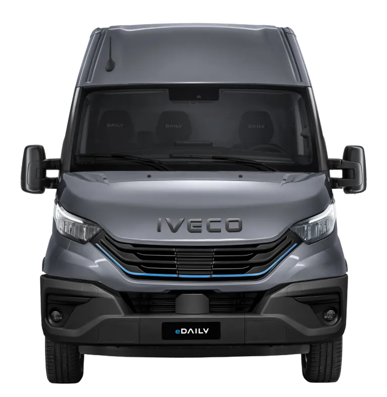 Elektrische IVECO eDaily met blauwe accentlijn in de grille, vooraanzicht