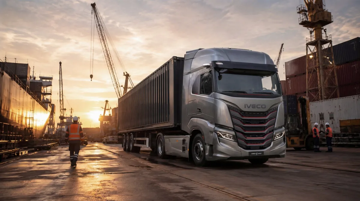 IVECO S-Way in de haven bij zonsopkomst