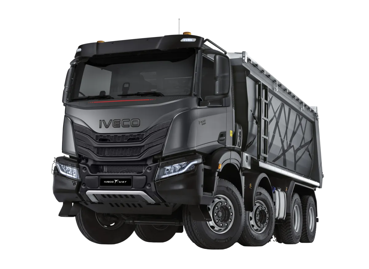 IVECO T-Way vierassige kipper met stalen kipperbak, schuin vooraanzicht
