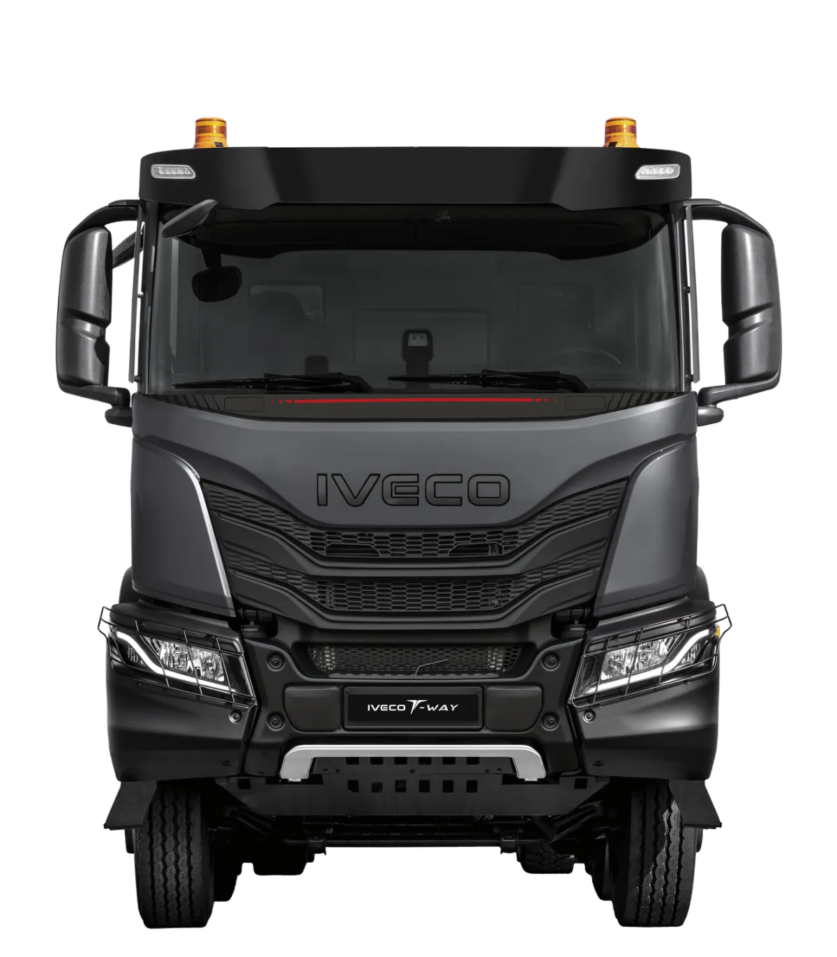 IVECO T-Way bouwtruck met beschermbeugels en zwaailampen, vooraanzicht