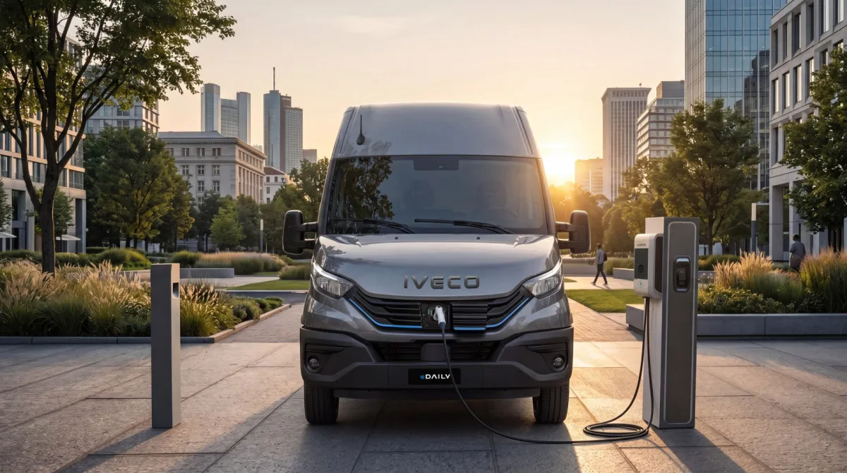 IVECO eDaily aan een snellader bij zonsondergang